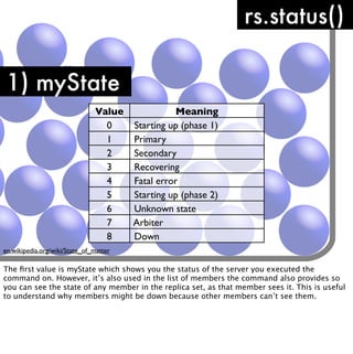 rs.status()

1) myState
                               Value           Meaning
                                 0   Starting up (phase 1)
                                 1   Primary
                                 2   Secondary
                                 3   Recovering
                                 4   Fatal error
                                 5   Starting up (phase 2)
                                 6   Unknown state
                                 7   Arbiter
                                 8   Down
en.wikipedia.org/wiki/State_of_matter

The ﬁrst value is myState which shows you the status of the server you executed the
command on. However, it’s also used in the list of members the command also provides so
you can see the state of any member in the replica set, as that member sees it. This is useful
to understand why members might be down because other members can’t see them.
 
