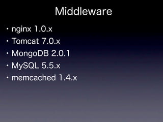 Middleware
• nginx 1.0.x
• Tomcat 7.0.x
• MongoDB 2.0.1
• MySQL 5.5.x
• memcached 1.4.x
 
