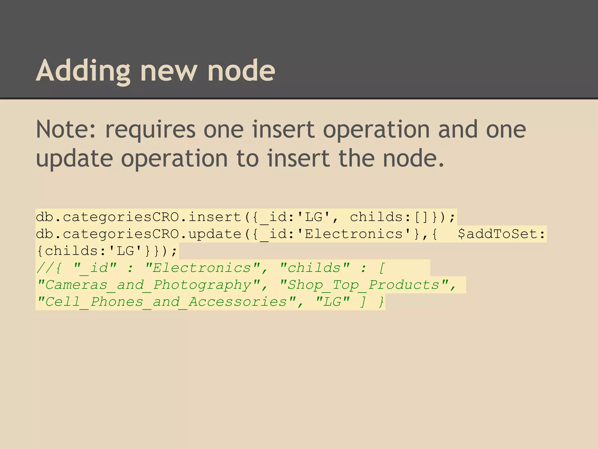 Adding new node Note: requires one insert operation and one update operation to insert the node. db.categoriesCRO.insert({_id:'LG', childs:[]}); db.categoriesCRO.update({_id:'Electronics'},{ $addToSet: {childs:'LG'}}); //{ "_id" : "Electronics", "childs" : [ "Cameras_and_Photography", "Shop_Top_Products", "Cell_Phones_and_Accessories", "LG" ] } 