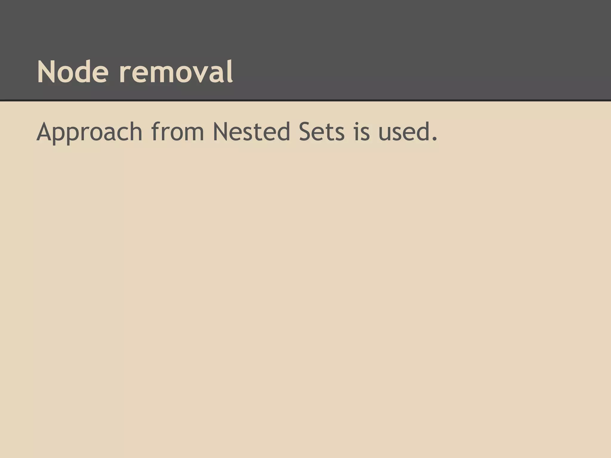 Node removal Approach from Nested Sets is used. 