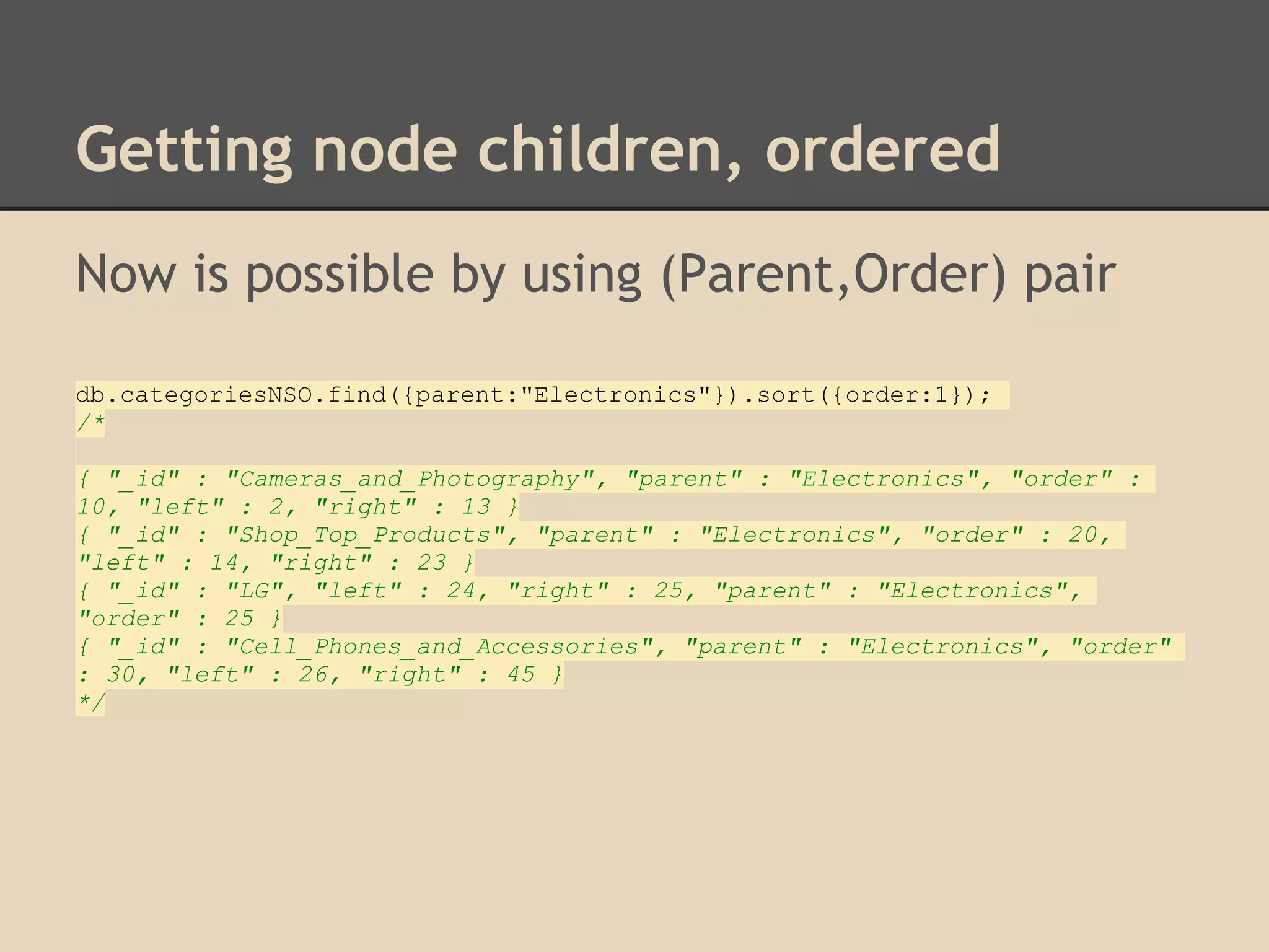 Getting node children, ordered Now is possible by using (Parent,Order) pair db.categoriesNSO.find({parent:"Electronics"}).sort({order:1}); /* { "_id" : "Cameras_and_Photography", "parent" : "Electronics", "order" : 10, "left" : 2, "right" : 13 } { "_id" : "Shop_Top_Products", "parent" : "Electronics", "order" : 20, "left" : 14, "right" : 23 } { "_id" : "LG", "left" : 24, "right" : 25, "parent" : "Electronics", "order" : 25 } { "_id" : "Cell_Phones_and_Accessories", "parent" : "Electronics", "order" : 30, "left" : 26, "right" : 45 } */ 