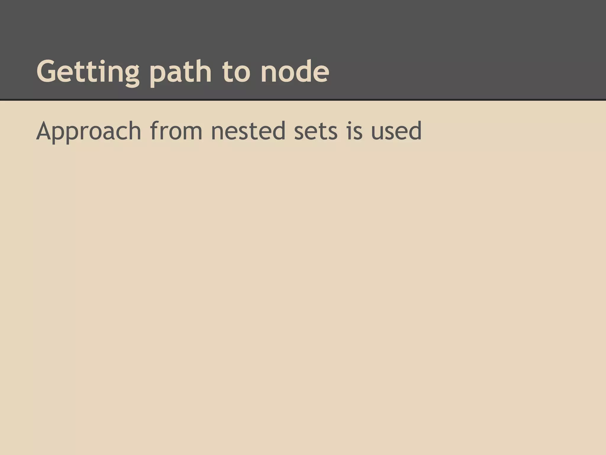 Getting path to node Approach from nested sets is used 