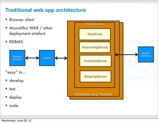 Traditional web app architecture
  ! Browser client
                                                                      Web Application
  ! Monolithic WAR / other
     deployment artefact                                               StoreFront

  ! RDBMS
                                                                AccountingService
                                                                                                          MySQL
        Desktop                                                                                          Database
                                 Apache
        Browser
                                                                  InventoryService


  “easy” to...
                                                                  ShippingService
  ! develop
  ! test
                                                         Container (e.g. Tomcat)
  ! deploy
  ! scale                ...apart from: provisioning, setup, need to replicate, shard, scale to massive numbers of
                                   mobile clients, provide polyglot support, run multiple dev teams, collaborate...
                                                       CONFIDENTIAL
                                                                                                                    6

Wednesday, June 20, 12
 
