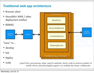 Need to handle massive loads and the data explosion

     Scalable architectures!
  ! Application tier:
     •Replicated/clustered servers
     •Modular so that components can be scaled differently
     •Asynchronous architecture - communication via a message broker
  ! Database tier:
     •Replication
     •Sharding
     •Polyglot persistence: Relational, NoSQL, NewSQL databases

                                     CONFIDENTIAL
                                                                       7

Wednesday, June 20, 12
 