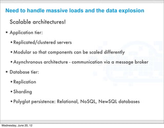 Modern application architecture
                                                           billing web application

Desktop Browser                                                     Accounting
                                                                      Service
  StoreUI


 Native Mobile              NodeJS
                          NodeJS                           inventory web application
  Application
                          front-end                                                    MySQL
                             StoreUI
                         application
  StoreUI                                                        InventoryService


 HTML5 mobile
  application


  StoreUI                    Redis                         shipping web application
                                       RabbitMQ
                                                                                       Mongo
                                                                ShippingService




                                            CONFIDENTIAL
                                                                                           8

Wednesday, June 20, 12
 