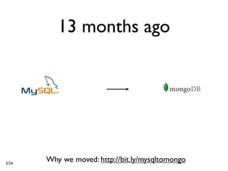 13 months ago




3/24
       Why we moved: http://bit.ly/mysqltomongo
 