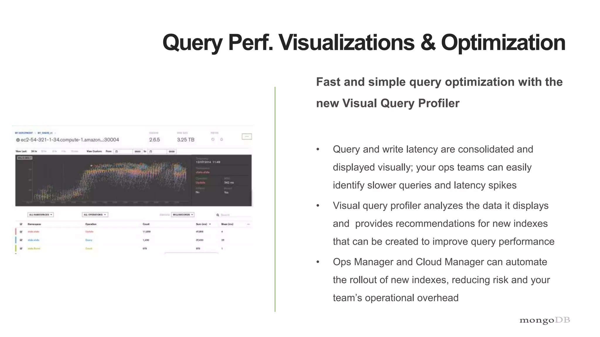Query Perf. Visualizations & Optimization
Fast and simple query optimization with the
new Visual Query Profiler
• Query and write latency are consolidated and
displayed visually; your ops teams can easily
identify slower queries and latency spikes
• Visual query profiler analyzes the data it displays
and provides recommendations for new indexes
that can be created to improve query performance
• Ops Manager and Cloud Manager can automate
the rollout of new indexes, reducing risk and your
team’s operational overhead
 