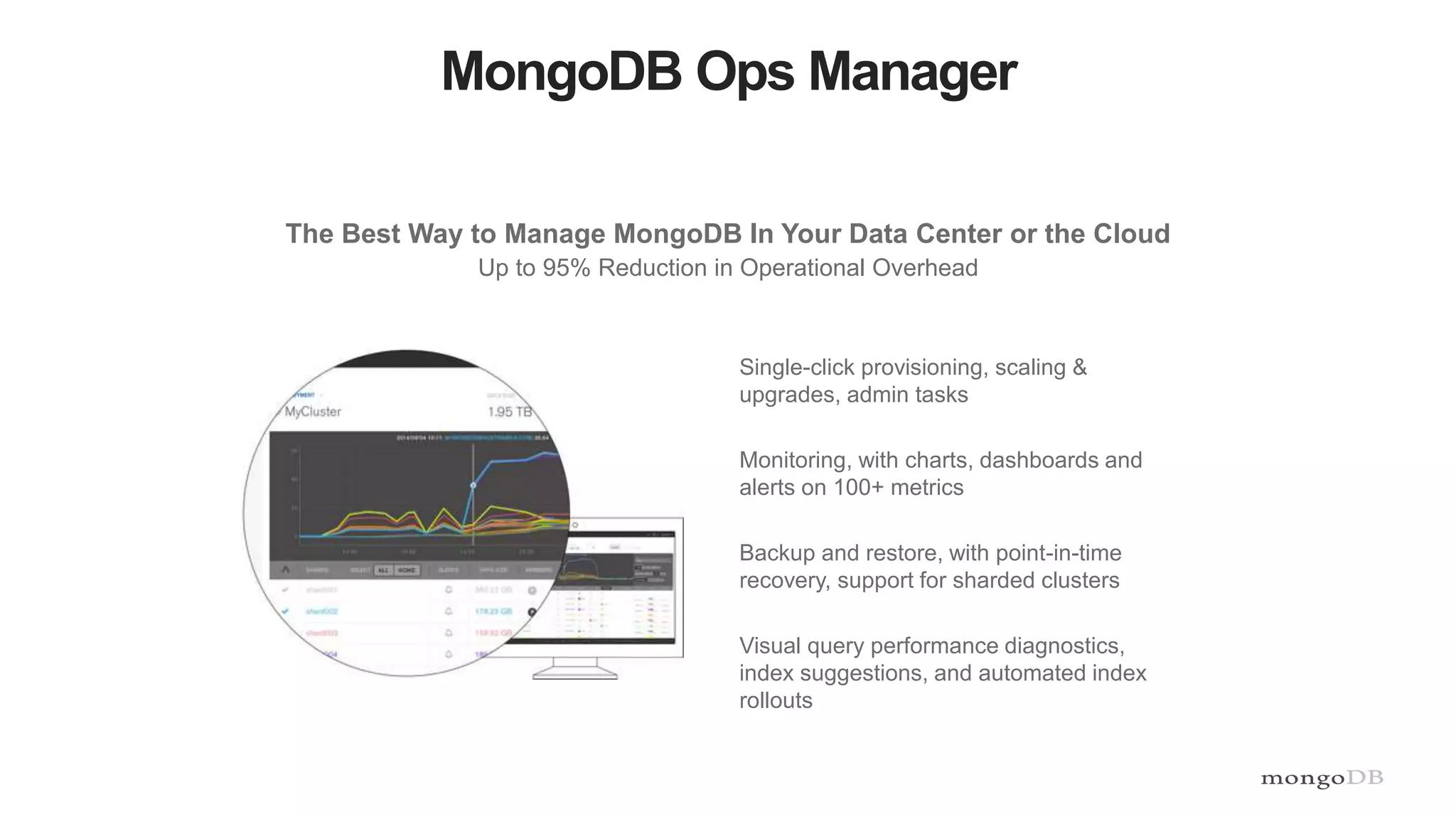 Single-click provisioning, scaling &
upgrades, admin tasks
Monitoring, with charts, dashboards and
alerts on 100+ metrics
Backup and restore, with point-in-time
recovery, support for sharded clusters
Visual query performance diagnostics,
index suggestions, and automated index
rollouts
MongoDB Ops Manager
The Best Way to Manage MongoDB In Your Data Center or the Cloud
Up to 95% Reduction in Operational Overhead
 