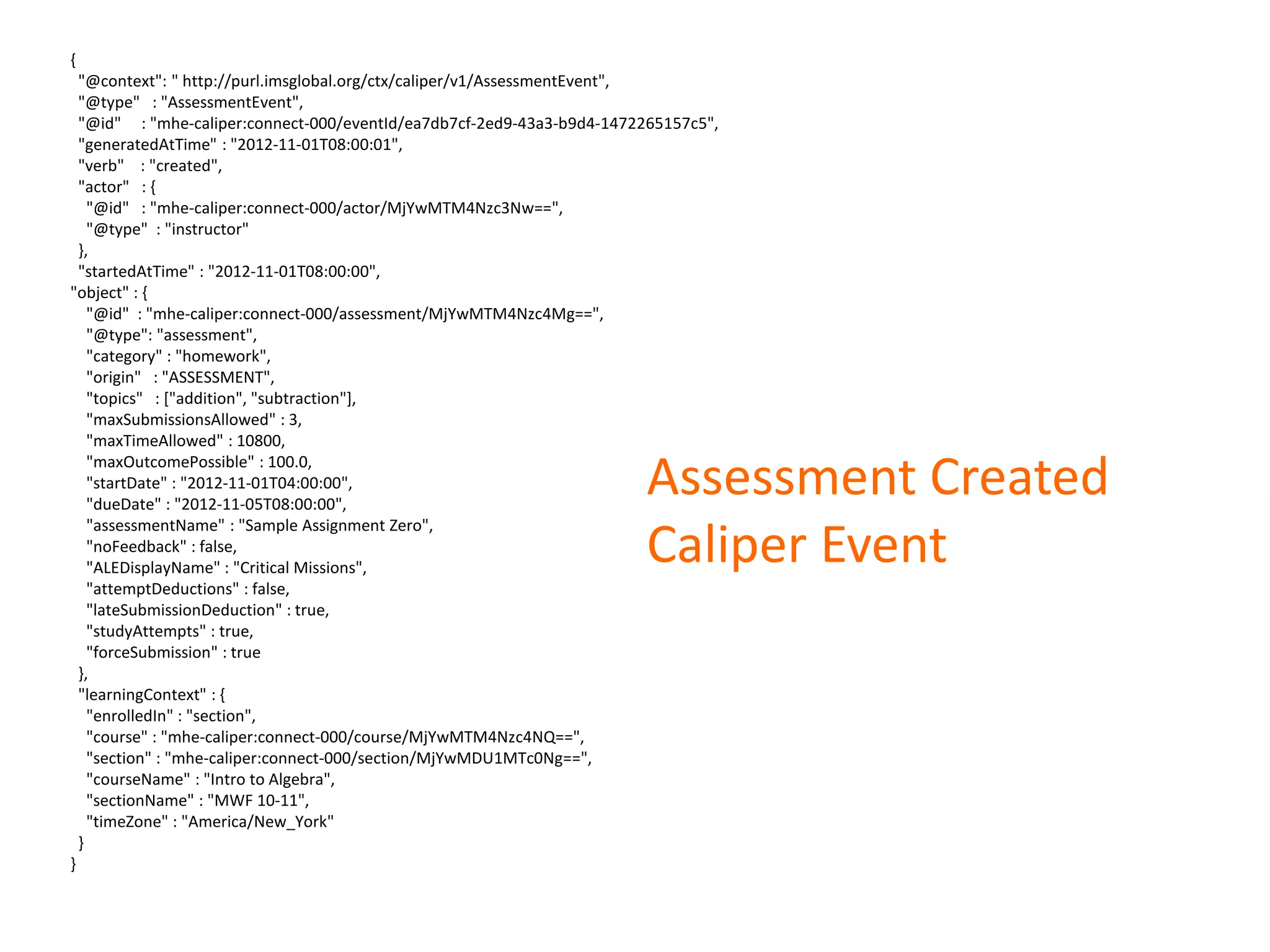{
"@context": " http://purl.imsglobal.org/ctx/caliper/v1/AssessmentEvent",
"@type" : "AssessmentEvent",
"@id" : "mhe-caliper:connect-000/eventId/ea7db7cf-2ed9-43a3-b9d4-1472265157c5",
"generatedAtTime" : "2012-11-01T08:00:01",
"verb" : "created",
"actor" : {
"@id" : "mhe-caliper:connect-000/actor/MjYwMTM4Nzc3Nw==",
"@type" : "instructor"
},
"startedAtTime" : "2012-11-01T08:00:00",
"object" : {
"@id" : "mhe-caliper:connect-000/assessment/MjYwMTM4Nzc4Mg==",
"@type": "assessment",
"category" : "homework",
"origin" : "ASSESSMENT",
"topics" : ["addition", "subtraction"],
"maxSubmissionsAllowed" : 3,
"maxTimeAllowed" : 10800,
"maxOutcomePossible" : 100.0,
"startDate" : "2012-11-01T04:00:00",
"dueDate" : "2012-11-05T08:00:00",
"assessmentName" : "Sample Assignment Zero",
"noFeedback" : false,
"ALEDisplayName" : "Critical Missions",
"attemptDeductions" : false,
"lateSubmissionDeduction" : true,
"studyAttempts" : true,
"forceSubmission" : true
},
"learningContext" : {
"enrolledIn" : "section",
"course" : "mhe-caliper:connect-000/course/MjYwMTM4Nzc4NQ==",
"section" : "mhe-caliper:connect-000/section/MjYwMDU1MTc0Ng==",
"courseName" : "Intro to Algebra",
"sectionName" : "MWF 10-11",
"timeZone" : "America/New_York"
}
}
Assessment Created
Caliper Event
 