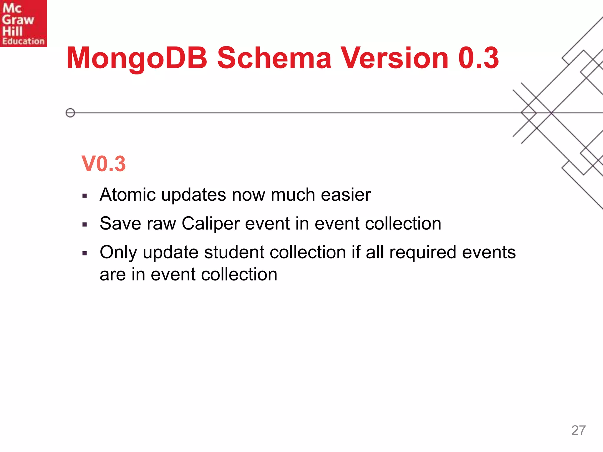 V0.3
 Atomic updates now much easier
 Save raw Caliper event in event collection
 Only update student collection if all required events
are in event collection
27
MongoDB Schema Version 0.3
 