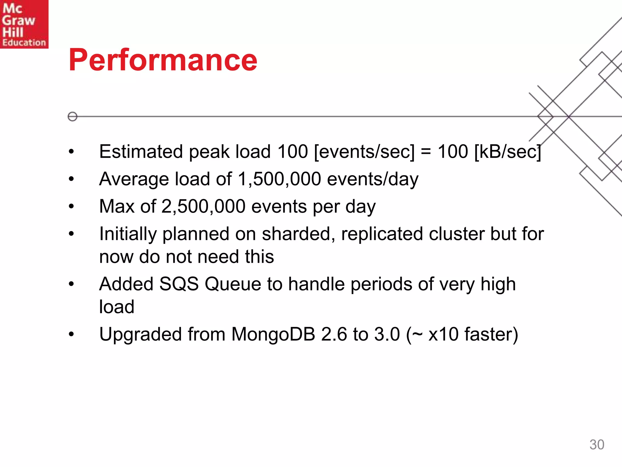 30
Performance
• Estimated peak load 100 [events/sec] = 100 [kB/sec]
• Average load of 1,500,000 events/day
• Max of 2,500,000 events per day
• Initially planned on sharded, replicated cluster but for
now do not need this
• Added SQS Queue to handle periods of very high
load
• Upgraded from MongoDB 2.6 to 3.0 (~ x10 faster)
 