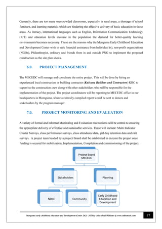 17
Monguma early childhood education and Development Center 2025 -2028 by elias elwai Williams @ www.edbismark.com
Currently, there are too many overcrowded classrooms, especially in rural areas, a shortage of school
furniture, and learning materials which are hindering the effective delivery of basic education in those
areas. As literacy, international languages such as English, Information Communication Technology
(ICT) and education levels increase in the population the demand for better-quality learning
environments becomes necessary. These are the reasons why the Monguma Early Childhood Education
and Development Center wish to seek financial assistance from Individual (s), non-profit organizations
(NGOs), Philanthropist, ordinary and friends from in and outside PNG to implement the proposed
construction as the site plan shows.
6.0. PROJECT MANAGEMENT
The MECEDC will manage and coordinate the entire project. This will be done by hiring an
experienced local construction or building contractor (Kulsuna Builders and Contractors) KBC to
supervise the construction crew along with other stakeholders who will be responsible for the
implementation of the project. The project coordinators will be reporting to MECEDC office in our
headquarters in Momguma, where a centrally compiled report would be sent to donors and
stakeholders by the program manager.
7.0. PROJECT MONITORING AND EVALUATION
A variety of formal and informal Monitoring and Evaluation mechanisms will be central to ensuring
the appropriate delivery of effective and sustainable services. These will include: Multi Indicator
Cluster Surveys, class performance surveys, class attendance data, girl-boy retention data and exit
surveys. A project team headed by a project Board shall be established to execute the project once
funding is secured for mobilization, Implementation, Completion and commissioning of the project.
Project Board
MECEDC
Stakeholders
NDoE Community
Planning
Early Childhood
Education and
Development
 