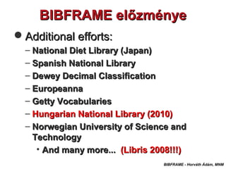 BIBFRAME előzményeBIBFRAME előzménye
BIBFRAME - Horváth Ádám, MNM
Additional efforts:Additional efforts:
– National Diet ...