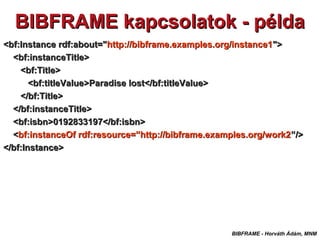 BIBFRAME kapcsolatok - példaBIBFRAME kapcsolatok - példa
BIBFRAME - Horváth Ádám, MNM
<bf:Instance rdf:about="<bf:Instance...