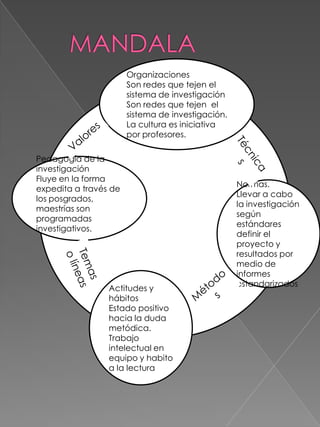 MANDALA Organizaciones Son redes que tejen el sistema de investigación Son redes que tejen  el sistema de investigación. La cultura es iniciativa por profesores. Valores Técnicas Pedagogía de la investigaciónFluye en la forma expedita a través de los posgrados, maestrías son programadas investigativos. Normas.Llevar a cabo la investigación según estándares definir el proyecto y resultados por medio de informes estandarizados Temas o líneas Actitudes y hábitosEstado positivo hacia la duda metódica.Trabajo intelectual en equipo y habito a la lectura  Métodos 