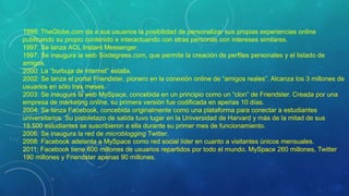 1995: TheGlobe.com da a sus usuarios la posibilidad de personalizar sus propias experiencias online
publicando su propio contenido e interactuando con otras personas con intereses similares.
1997: Se lanza AOL Instant Messenger.
1997: Se inaugura la web Sixdegrees.com, que permite la creación de perfiles personales y el listado de
amigos.
2000: La “burbuja de internet” estalla.
2002: Se lanza el portal Friendster, pionero en la conexión online de “amigos reales”. Alcanza los 3 millones de
usuarios en sólo tres meses.
2003: Se inaugura la web MySpace, concebida en un principio como un “clon” de Friendster. Creada por una
empresa de marketing online, su primera versión fue codificada en apenas 10 días.
2004: Se lanza Facebook, concebida originalmente como una plataforma para conectar a estudiantes
universitarios. Su pistoletazo de salida tuvo lugar en la Universidad de Harvard y más de la mitad de sus
19.500 estudiantes se suscribieron a ella durante su primer mes de funcionamiento.
2006: Se inaugura la red de microblogging Twitter.
2008: Facebook adelanta a MySpace como red social líder en cuanto a visitantes únicos mensuales.
2011: Facebook tiene 600 millones de usuarios repartidos por todo el mundo, MySpace 260 millones, Twitter
190 millones y Friendster apenas 90 millones.
 