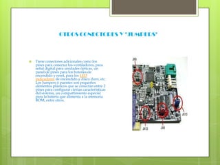 OTROS CONECTORES Y "JUMPERS"Tiene conectores adicionales como los pines para conectar los ventiladores, para señal digital para unidades ópticas, un panel de pines para los botones de encendido y reset, para los LED indicadores de encendido y disco duro, etc. Los Jumpers ó puentes son pequeños elementos plásticos que se conectan entre 2 pines para configurar ciertas características del sistema, un compartimiento especial para la batería que alimenta a la memoria ROM, entre otros.