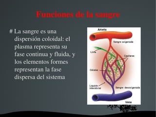 Funciones de la sangre # La sangre es una dispersión coloidal: el plasma representa su fase continua y fluida, y los elementos formes representan la fase dispersa del sistema 