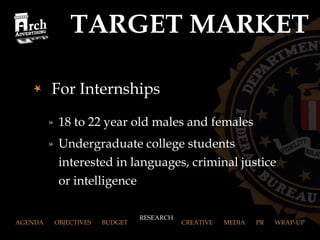 TARGET MARKET For Internships 18 to 22 year old males and females Undergraduate college students interested in languages, criminal justice or intelligence AGENDA  OBJECTIVES  BUDGET  RESEARCH  CREATIVE  MEDIA  PR  WRAP-UP RESEARCH 