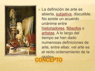 Disciplina artísticaLas artes creativas a menudo son divididas en categorías más específicas, como las artes decorativas, las artes plásticas, las artes escénicas o la literatura. Así, la pintura es una forma de arte visual, y la poesía es una forma de literatura. Algunos ejemplos son:Artes visualesArtes escénicasArtes musicalesArtes literarias