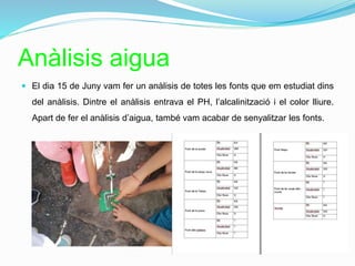 Anàlisis aigua
 El dia 15 de Juny vam fer un anàlisis de totes les fonts que em estudiat dins
del anàlisis. Dintre el anàlisis entrava el PH, l’alcalinització i el color lliure.
Apart de fer el anàlisis d’aigua, també vam acabar de senyalitzar les fonts.
 