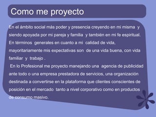 Como me proyectoEn el ámbito social más poder y presencia creyendo en mi misma  y  siendo apoyada por mi pareja y familia  y también en mi fe espiritual.En términos  generales en cuanto a mi  calidad de vida, mayoritariamente mis expectativas son  de una vida buena, con vida familiar  y  trabajo . En lo Profesional me proyecto manejando una  agencia de publicidad  ante todo o una empresa prestadora de servicios, una organización destinada a convertirse en la plataforma que clientes conscientes de posición en el mercado  tanto a nivel corporativo como en productos de consumo masivo.