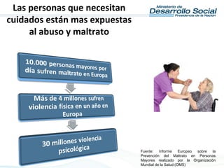 Fuente: Informe Europeo sobre la
Prevención del Maltrato en Personas
Mayores realizado por la Organización
Mundial de la Salud (OMS)
Las personas que necesitan
cuidados están mas expuestas
al abuso y maltrato
 