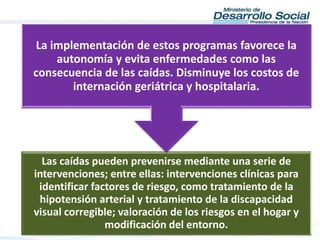 Las caídas pueden prevenirse mediante una serie de
intervenciones; entre ellas: intervenciones clínicas para
identificar factores de riesgo, como tratamiento de la
hipotensión arterial y tratamiento de la discapacidad
visual corregible; valoración de los riesgos en el hogar y
modificación del entorno.
La implementación de estos programas favorece la
autonomía y evita enfermedades como las
consecuencia de las caídas. Disminuye los costos de
internación geriátrica y hospitalaria.
 