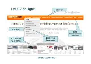 Les CV en ligne                      Services
                                                Mon	
  iden(té	
  numérique




CV vidéo
                                                               Blog
                                                        Retour d’expériences
                                                            et exemples

CV Web et                Lien avec
URL perso                Facebook




                  Extend Coaching©
 