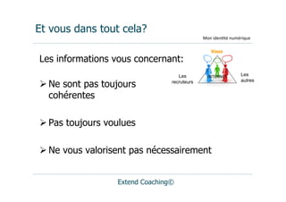 Et vous dans tout cela?
                                             Mon	
  iden(té	
  numérique

                                                 Vous
Les informations vous concernant:
                                   Les         INTERNET	
         Les
                                                                  autres
 Ne sont pas toujours          recruteurs


  cohérentes

 Pas toujours voulues

 Ne vous valorisent pas nécessairement


                 Extend Coaching©
 