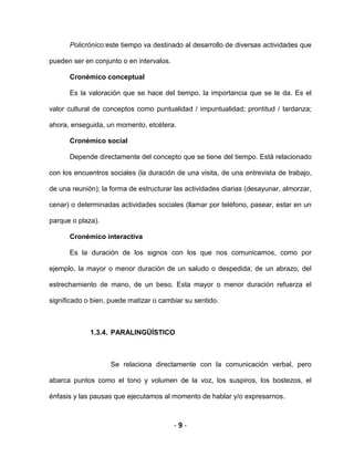 - 9 -
Policrónico:este tiempo va destinado al desarrollo de diversas actividades que
pueden ser en conjunto o en intervalos.
Cronémico conceptual
Es la valoración que se hace del tiempo, la importancia que se le da. Es el
valor cultural de conceptos como puntualidad / impuntualidad; prontitud / tardanza;
ahora, enseguida, un momento, etcétera.
Cronémico social
Depende directamente del concepto que se tiene del tiempo. Está relacionado
con los encuentros sociales (la duración de una visita, de una entrevista de trabajo,
de una reunión); la forma de estructurar las actividades diarias (desayunar, almorzar,
cenar) o determinadas actividades sociales (llamar por teléfono, pasear, estar en un
parque o plaza).
Cronémico interactiva
Es la duración de los signos con los que nos comunicamos, como por
ejemplo, la mayor o menor duración de un saludo o despedida; de un abrazo, del
estrechamiento de mano, de un beso. Esta mayor o menor duración refuerza el
significado o bien, puede matizar o cambiar su sentido.
1.3.4. PARALINGÜÍSTICO
Se relaciona directamente con la comunicación verbal, pero
abarca puntos como el tono y volumen de la voz, los suspiros, los bostezos, el
énfasis y las pausas que ejecutamos al momento de hablar y/o expresarnos.
 