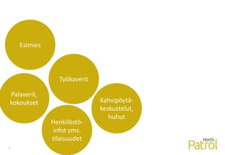 5
Esimies
Kahvipöytä-
keskustelut,
huhut
Työkaverit
Henkilöstö-
infot yms.
tilaisuudet
Palaverit,
kokoukset
 