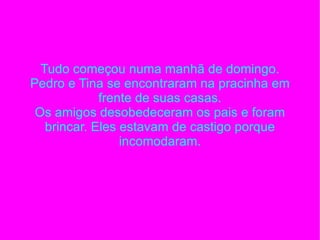 Tudo começou numa manhã de domingo. Pedro e Tina se encontraram na pracinha em frente de suas casas. Os amigos desobedeceram os pais e foram brincar. Eles estavam de castigo porque incomodaram. 
