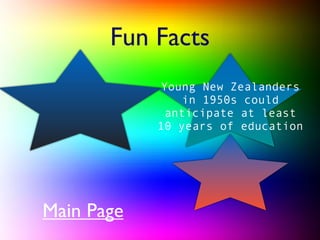 Fun Facts
             Young New Zealanders
                 in 1950s could
              anticipate at least
            10 years of education




Main Page
 
