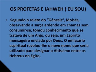 OS PROFETAS E IAHWEH ( EU SOU)
• Segundo o relato do “Gênesis”, Moisés,
observando a sarça ardendo em chamas sem
consumir-se, tomou conhecimento que se
tratava de um Anjo, ou seja, um Espírito
mensageiro enviado por Deus. O emissário
espiritual revelou-lhe o novo nome que seria
utilizado para designar o Altíssimo entre os
Hebreus no Egito.
 