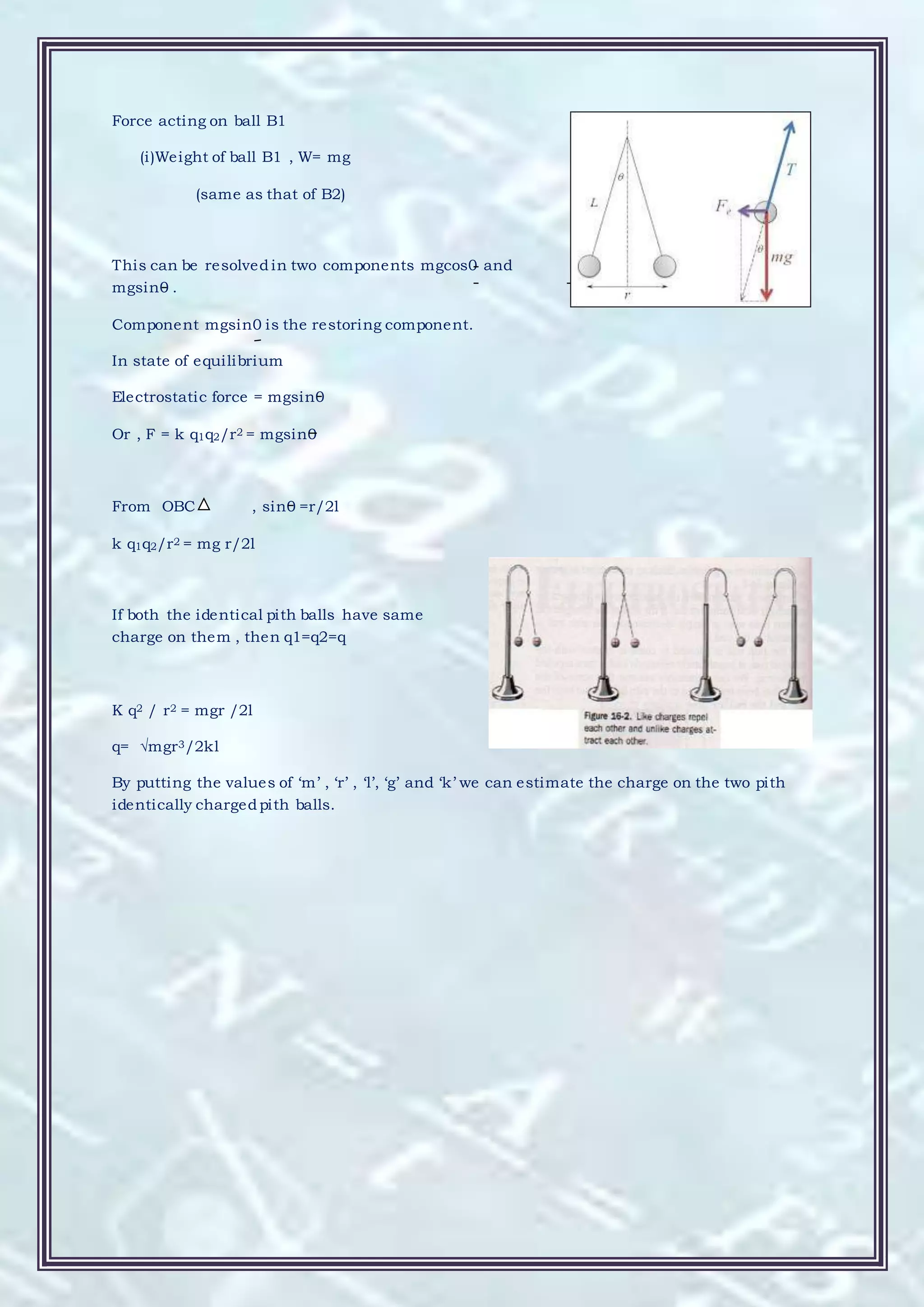 Force acting on ball B1
(i)Weight of ball B1 , W= mg
(same as that of B2)
This can be resolvedin two components mgcos0 and
mgsin0 .
Component mgsin0 is the restoring component.
In state of equilibrium
Electrostatic force = mgsin0
Or , F = k q1q2/r2 = mgsin0
From OBC , sin0 =r/2l
k q1q2/r2 = mg r/2l
If both the identical pith balls have same
charge on them , then q1=q2=q
K q2 / r2 = mgr /2l
q= √mgr3/2kl
By putting the values of ‘m’ , ‘r’ , ‘l’, ‘g’ and ‘k’ we can estimate the charge on the two pith
identically chargedpith balls.
 