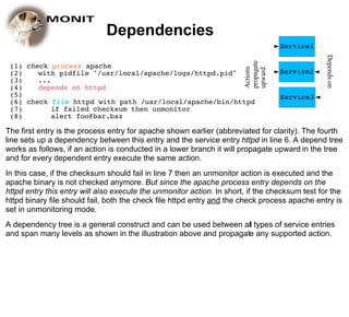 Dependencies
                                                                                   Service1




                                                                                                Depends on
                                                                       propagate
 (1) check process apache




                                                                       Actions

                                                                       upward
 (2)    with pidfile "/usr/local/apache/logs/httpd.pid"                            Service2
 (3)    ...
 (4)    depends on httpd
 (5)                                                                               Service3
 (6) check file httpd with path /usr/local/apache/bin/httpd
 (7)        if failed checksum then unmonitor
 (8)        alert foo@bar.baz

The first entry is the process entry for apache shown earlier (abbreviated for clarity). The fourth
line sets up a dependency between this entry and the service entry httpd in line 6. A depend tree
works as follows, if an action is conducted in a lower branch it will propagate upward in the tree
and for every dependent entry execute the same action.
In this case, if the checksum should fail in line 7 then an unmonitor action is executed and the
apache binary is not checked anymore. But since the apache process entry depends on the
httpd entry this entry will also execute the unmonitor action. In short, if the checksum test for the
httpd binary file should fail, both the check file httpd entry and the check process apache entry is
set in unmonitoring mode.
A dependency tree is a general construct and can be used between all types of service entries
and span many levels as shown in the illustration above and propagate any supported action.
 