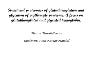 Structural proteomics of glutathionylation and
glycation of erythrocyte proteome: A focus on
glutathionylated and glycated hemoglobin.
Monita Muralidharan
Guide: Dr. Amit Kumar Mandal
 