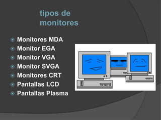 tipos de
monitores
 Monitores MDA
 Monitor EGA
 Monitor VGA
 Monitor SVGA
 Monitores CRT
 Pantallas LCD
 Pantallas Plasma
 