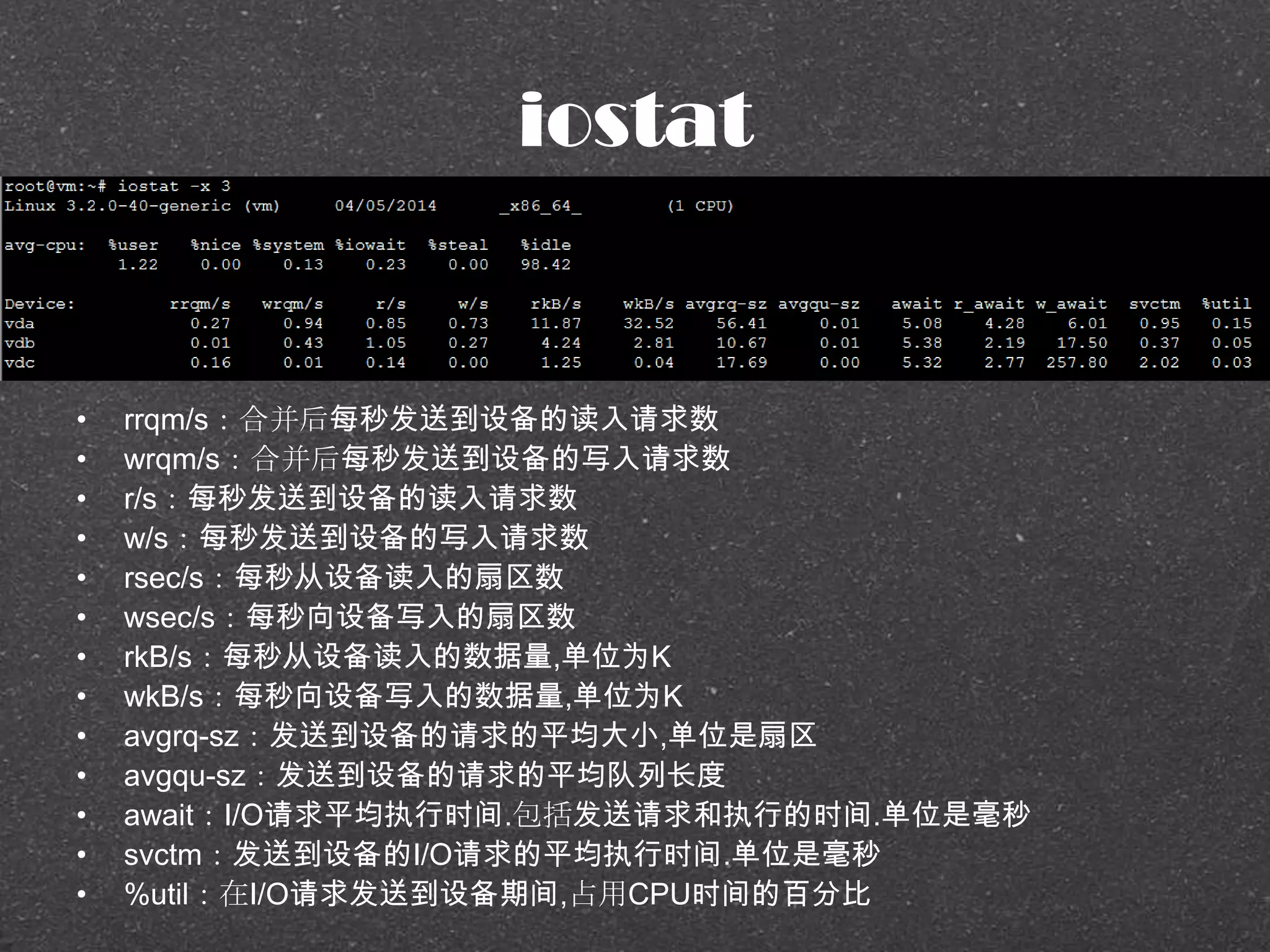 iostat
• rrqm/s：合并后每秒发送到设备的读入请求数
• wrqm/s：合并后每秒发送到设备的写入请求数
• r/s：每秒发送到设备的读入请求数
• w/s：每秒发送到设备的写入请求数
• rsec/s：每秒从设备读入的扇区数
• wsec/s：每秒向设备写入的扇区数
• rkB/s：每秒从设备读入的数据量,单位为K
• wkB/s：每秒向设备写入的数据量,单位为K
• avgrq-sz：发送到设备的请求的平均大小,单位是扇区
• avgqu-sz：发送到设备的请求的平均队列长度
• await：I/O请求平均执行时间.包括发送请求和执行的时间.单位是毫秒
• svctm：发送到设备的I/O请求的平均执行时间.单位是毫秒
• %util：在I/O请求发送到设备期间,占用CPU时间的百分比
 