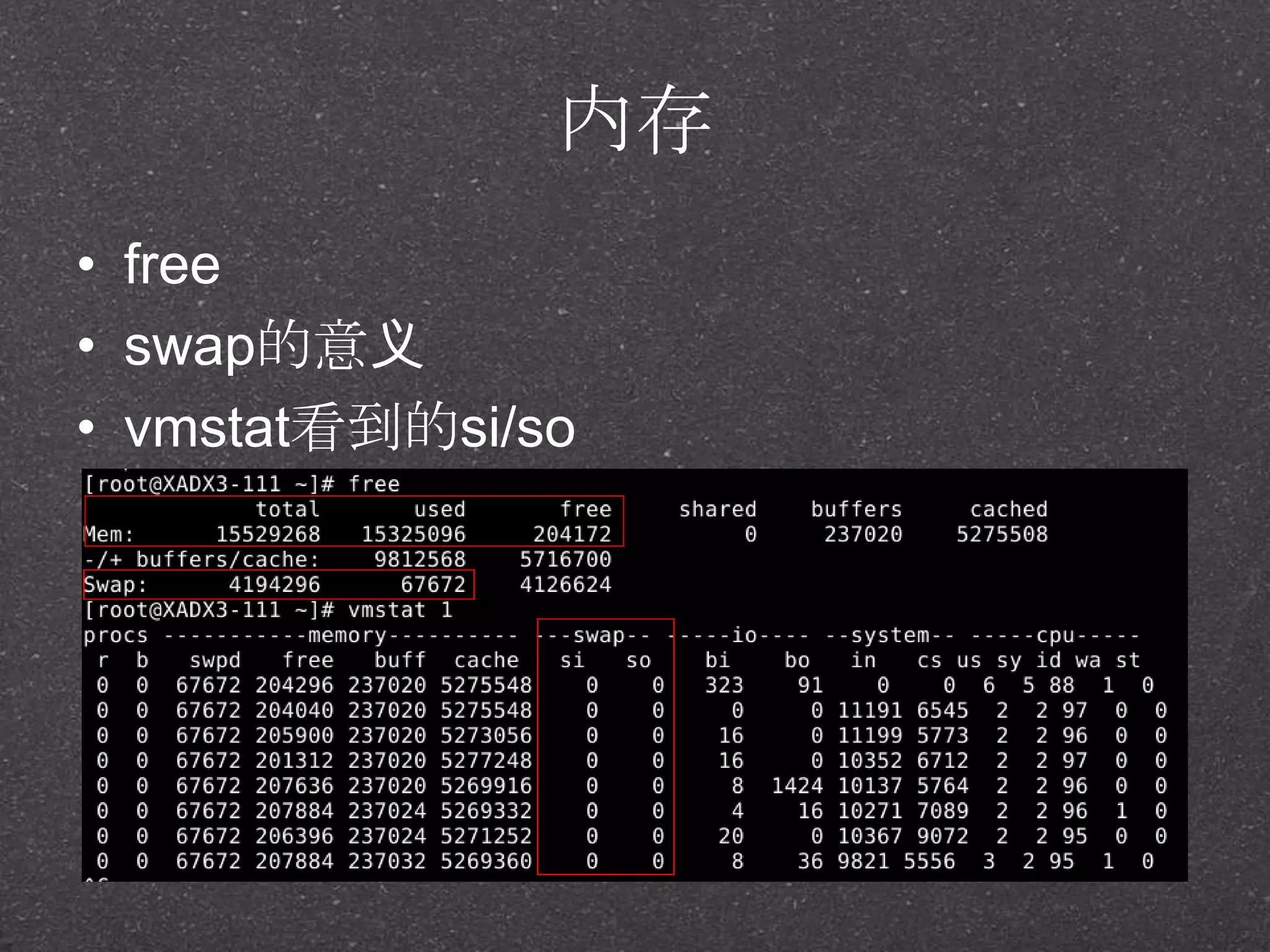 内存
• free
• swap的意义
• vmstat看到的si/so
 