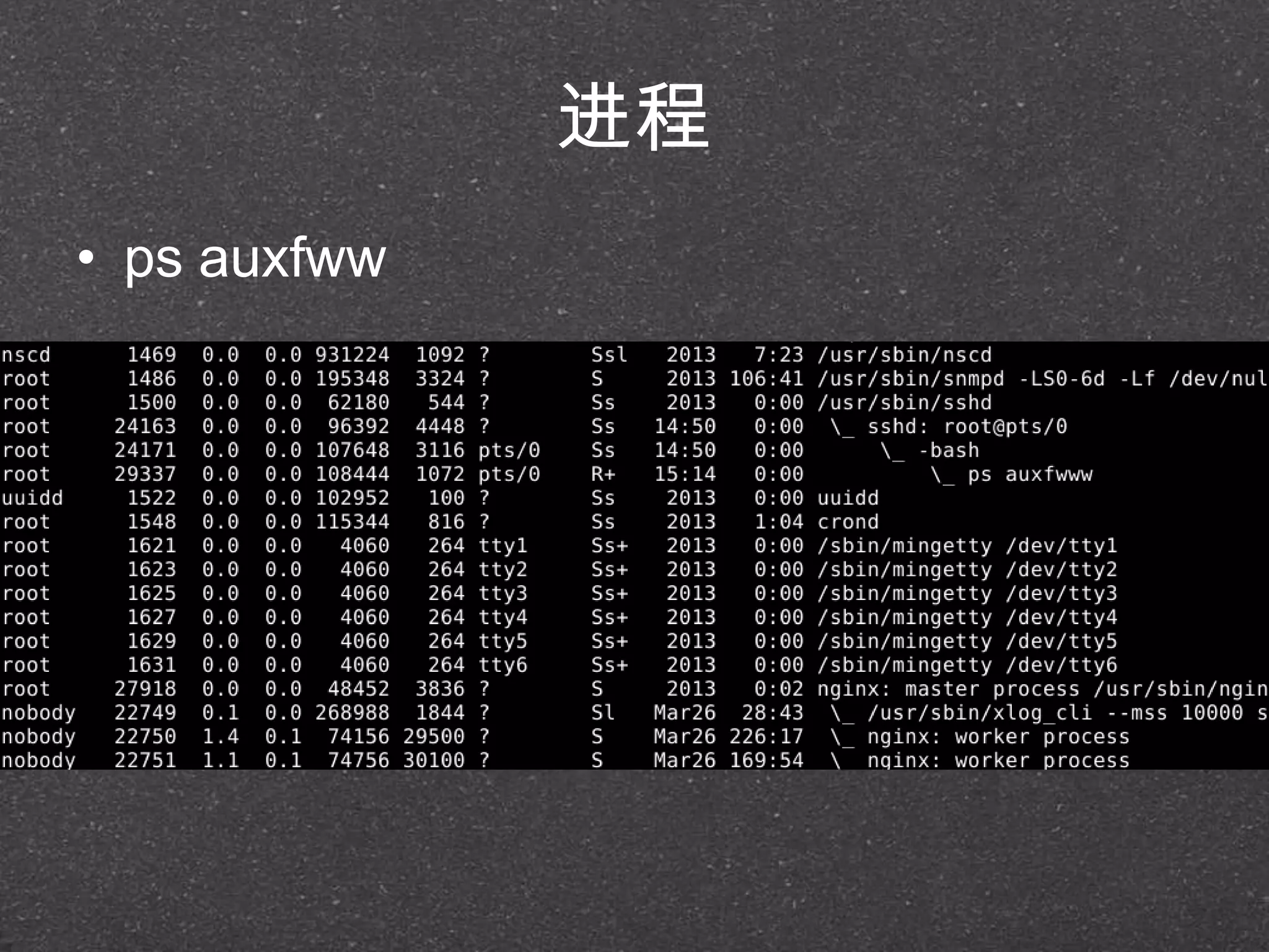 进程
• ps auxfww
 