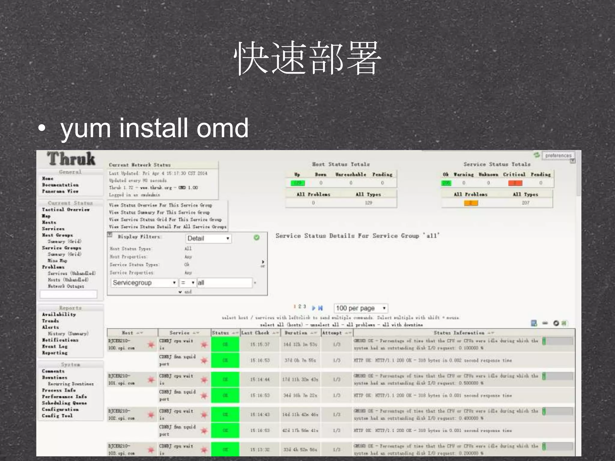 快速部署
• yum install omd
 