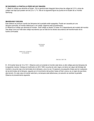 SE ENCIENDE LA PANTALLA PERO NO HAY IMAGEN 
1 - Medir el voltaje que alimenta al Scaler - Por lo general este integrado tiene pines de voltaje de 3,3 V y otros de 
voltaje mas bajo que pueden ser de 2,5 o 1,7 V. Véa en la siguiente figura los puntos en el Scaler de un monitor 
Samsung: 
IMAGEN MUY OSCURA 
Este defecto se produce cuando las lámparas de la pantalla están apagadas. Puede ser causada por una 
lámpara quemada, el Inverter defectuoso o sin voltaje. Sigamos este procedimiento: 
A- Midamos el voltaje que alimenta al Inverter- Esta voltaje va desde 12 hasta 19 V dependiendo del modelo del monitor. 
Vea abajo como se mide este voltaje recordando que se trata de los diodos secundarios del transformador de la 
fuente conmutada: 
14 V 
TRANSFOR-MADOR 
DIODO QUE ALIMENTA 
AL INVERTER 
ESCALA DCV 50 
B – El Inverter tiene de 12 a 19 V - Observe como al conectar el monitor este tiene un alto voltaje para las lámparas de 
la siguiente manera: Coloque el multímetro en ACV 1000, la punta de color negro a la tierra (en algun del blindaje del 
monitor) y la punta roja a los terminales de la lámpara, una a la vez. Si aparece una pequeña chispa azul en cualquiera 
de las terminales de la lámpara, seguido por el movimiento del puntero hasta al final o cerca, es un signo de que tiene 
alta tensión. En este caso el inverter esta bien y la lampara esta defectuosa y la solución es cambiar la pantalla. 
Observe el procedimiento siguiente: 
 