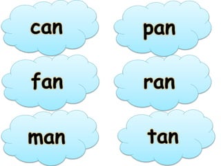 can
fan
man
pan
ran
tan
 