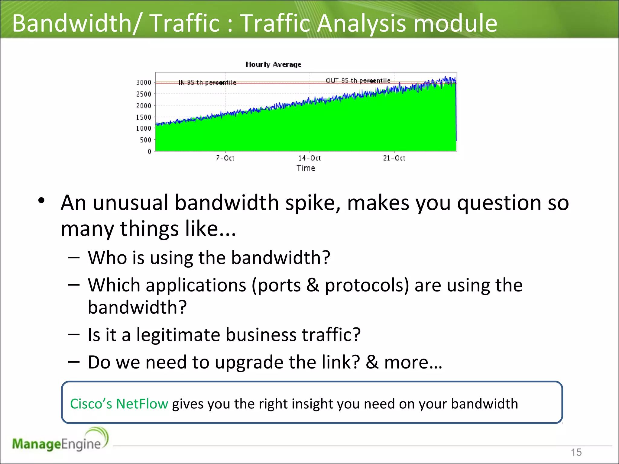 Bandwidth/ Traffic : Traffic Analysis module
• An unusual bandwidth spike, makes you question so
many things like...
– Who is using the bandwidth?
– Which applications (ports & protocols) are using the
bandwidth?
– Is it a legitimate business traffic?
– Do we need to upgrade the link? & more…
Cisco’s NetFlow gives you the right insight you need on your bandwidth
15
 