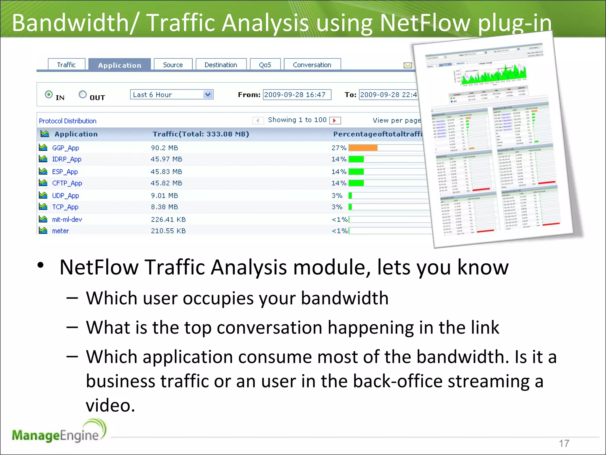 Bandwidth/ Traffic Analysis using NetFlow plug-in
• NetFlow Traffic Analysis module, lets you know
– Which user occupies your bandwidth
– What is the top conversation happening in the link
– Which application consume most of the bandwidth. Is it a
business traffic or an user in the back-office streaming a
video.
17
 