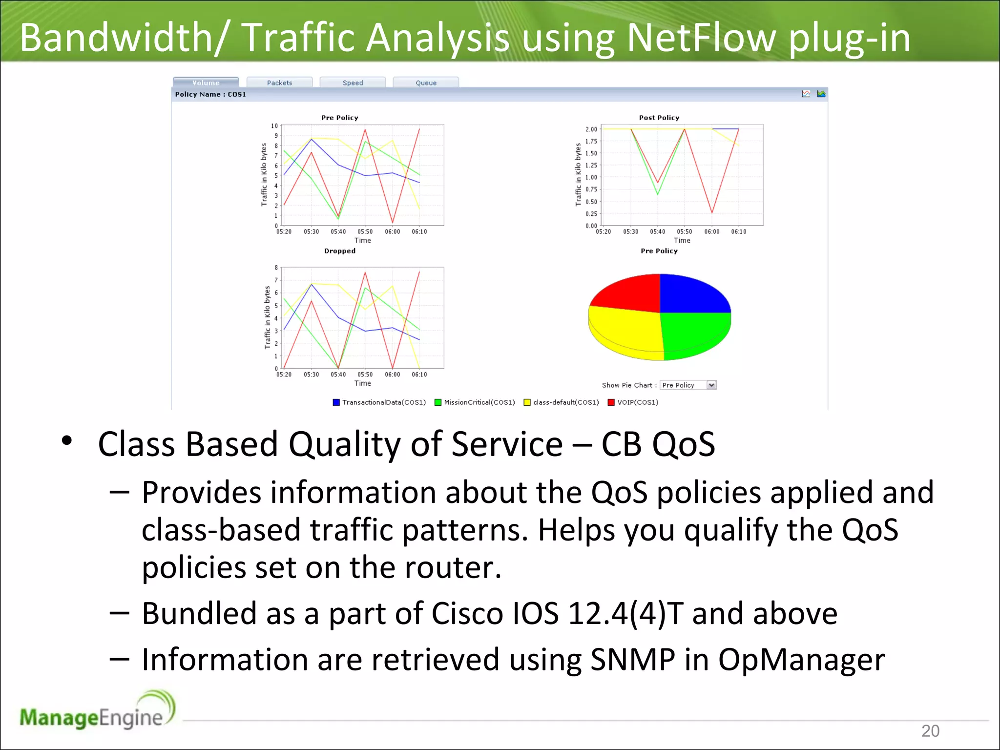 Bandwidth/ Traffic Analysis using NetFlow plug-in
• Class Based Quality of Service – CB QoS
– Provides information about the QoS policies applied and
class-based traffic patterns. Helps you qualify the QoS
policies set on the router.
– Bundled as a part of Cisco IOS 12.4(4)T and above
– Information are retrieved using SNMP in OpManager
20
 