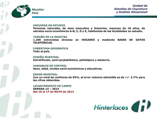 Monitor 
País 
Unidad de 
Estudios de Coyuntura 
y Análisis Situacional 
UNIVERSO EN ESTUDIO 
Personas naturales, de sexo masculino y femenino, mayores de 18 años, de estratos socio-económicos A-B, C, D y E, habitantes de las localidades en estudio. 
TAMAÑO DE LA MUESTRA 
1.200 entrevistas directas en HOGARES y mediante BASES DE DATOS TELEFÓNICAS. 
COBERTURA GEOGRAFICA 
Todo el país. 
DISEÑO MUESTRAL 
Estratificado, semi-probabilístico, polietápico y aleatorio. 
VARIABLES DE CONTROL 
Sexo, edad, niveles socio-económicos y educativos. 
ERROR MUESTRAL 
Con un nivel de confianza de 95%, el error máximo admisible es de +/- 2.7% para las cifras obtenidas. 
LEVANTAMIENTO DE CAMPO 
SEMANA 14 – 2014 
Del 10 al 17 de MAYO de 2014 
 