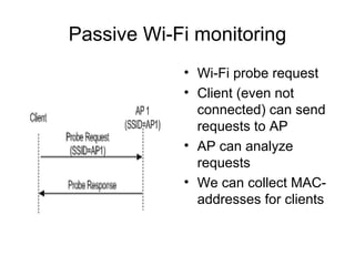 Passive Wi-Fi monitoring
• Wi-Fi probe request
• Client (even not
connected) can send
requests to AP
• AP can analyze
requ...